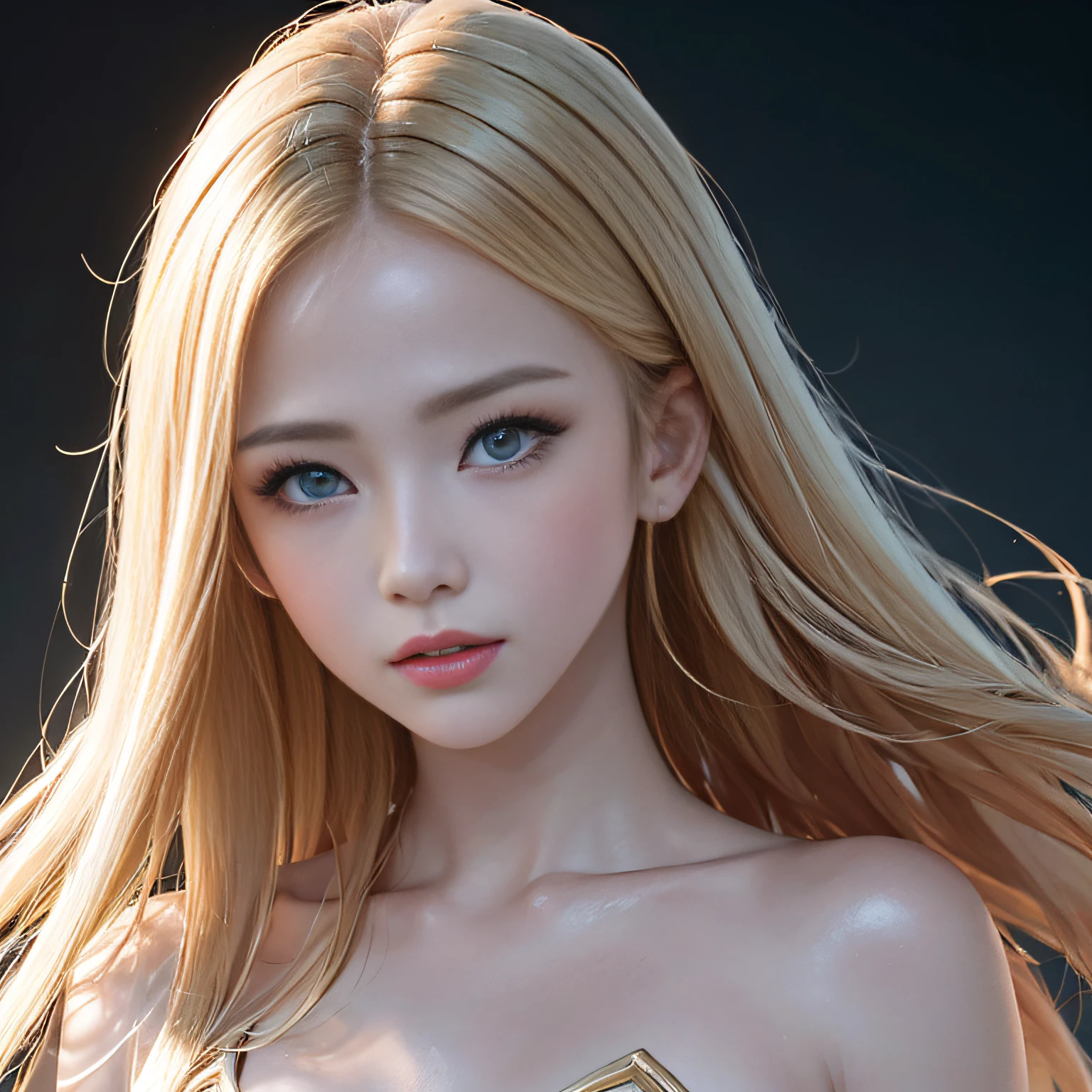 (8K, RAW Photos, of the highest quality, Masterpieces: 1.2), (Realistic, Photorealistic: 1.37), Highest Quality, Ultra High Resolution, light  leaks, Dynamic lighting, Slim and smooth skin, (Full body:1.3), (Soft Saturation: 1.6), (Fair skin: 1.2), (Glossy skin: 1.1), Oiled skin, 22 years old, Night, shiny white blonde, Well-formed, Hair fluttering in the wind, Close-up shot of face only, Physically Based Rendering, From multiple angles, Small bikini、radiant lips、(Shining golden mask:1.3)