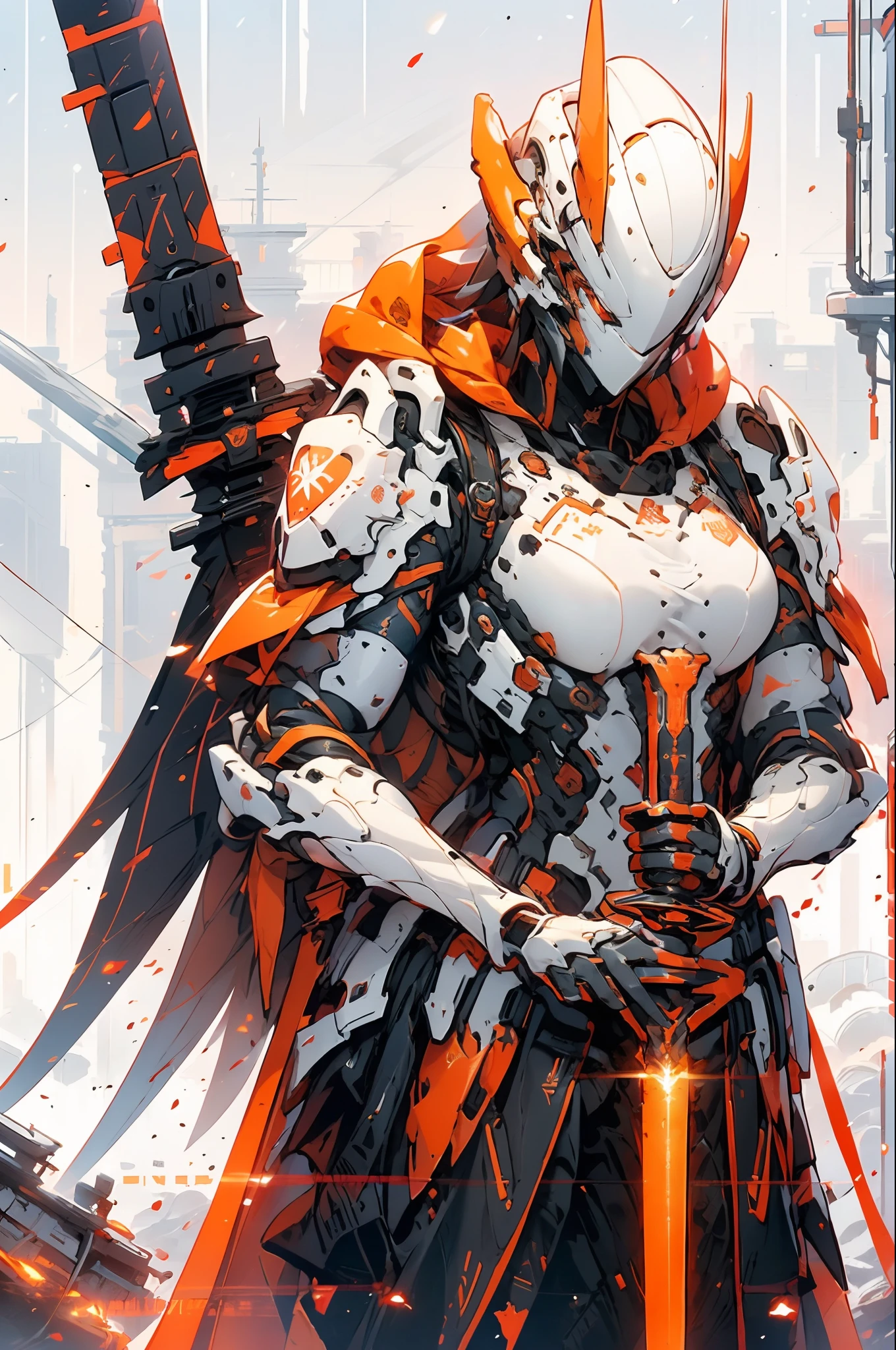 a woman with a sword and wings standing in front of a city, by Yang J, from arknights, detailed key anime art, red armor, trending on artstation pixiv, anime epic artwork, badass anime 8 k, [ trending on cgsociety ]!!, anime fantasy artwork, detailed anime artwork, blood red armor, white and red armor