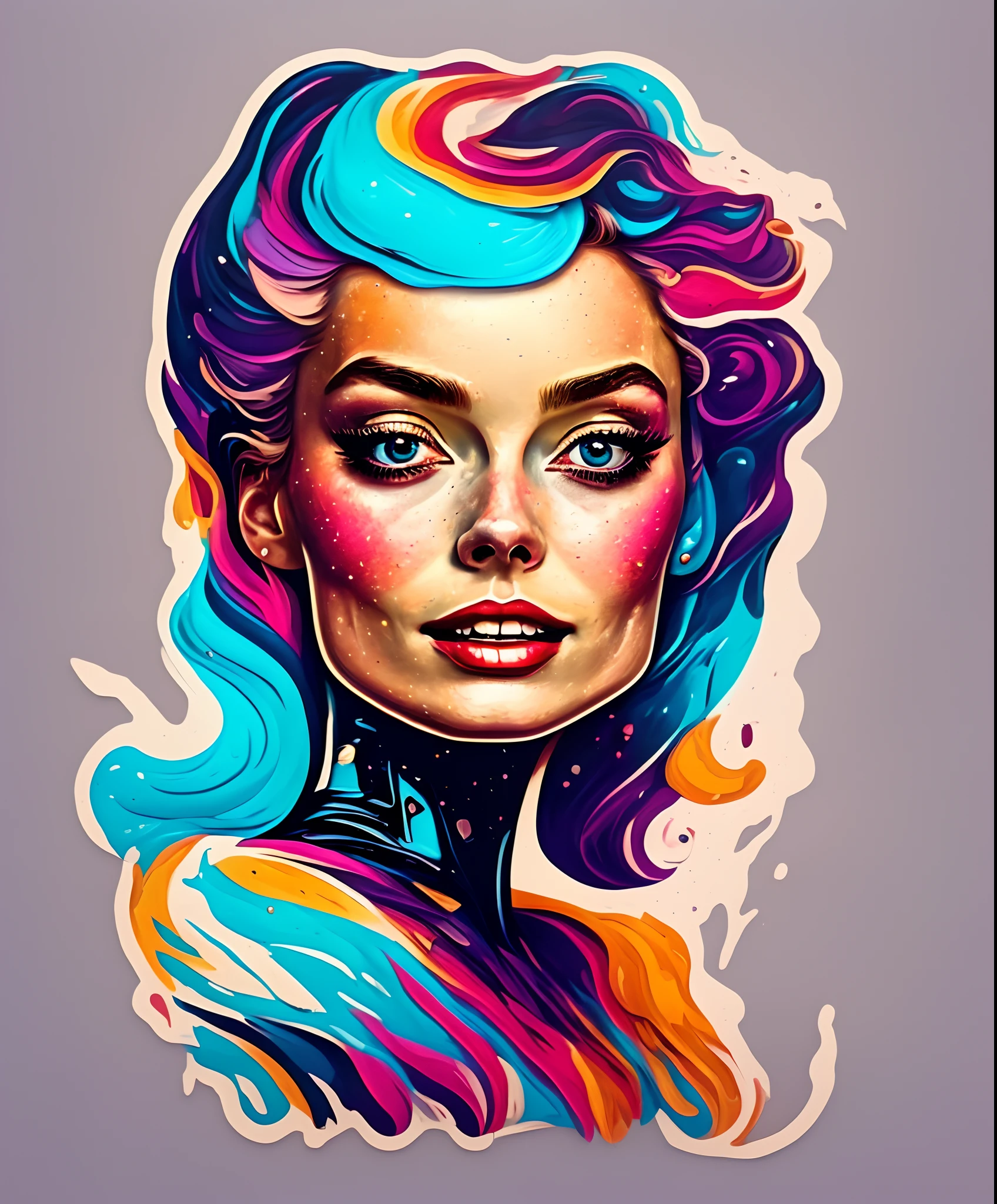 (Nahaufnahmen einer schönen Frau, inspiriert von Margot Robbie, T-Shirt-Logo im konischen Feinkonturstil, Rechtschreibansicht, arte em (leerer Hintergrund:1.4), (schwarzer Hintergrund:1.4),