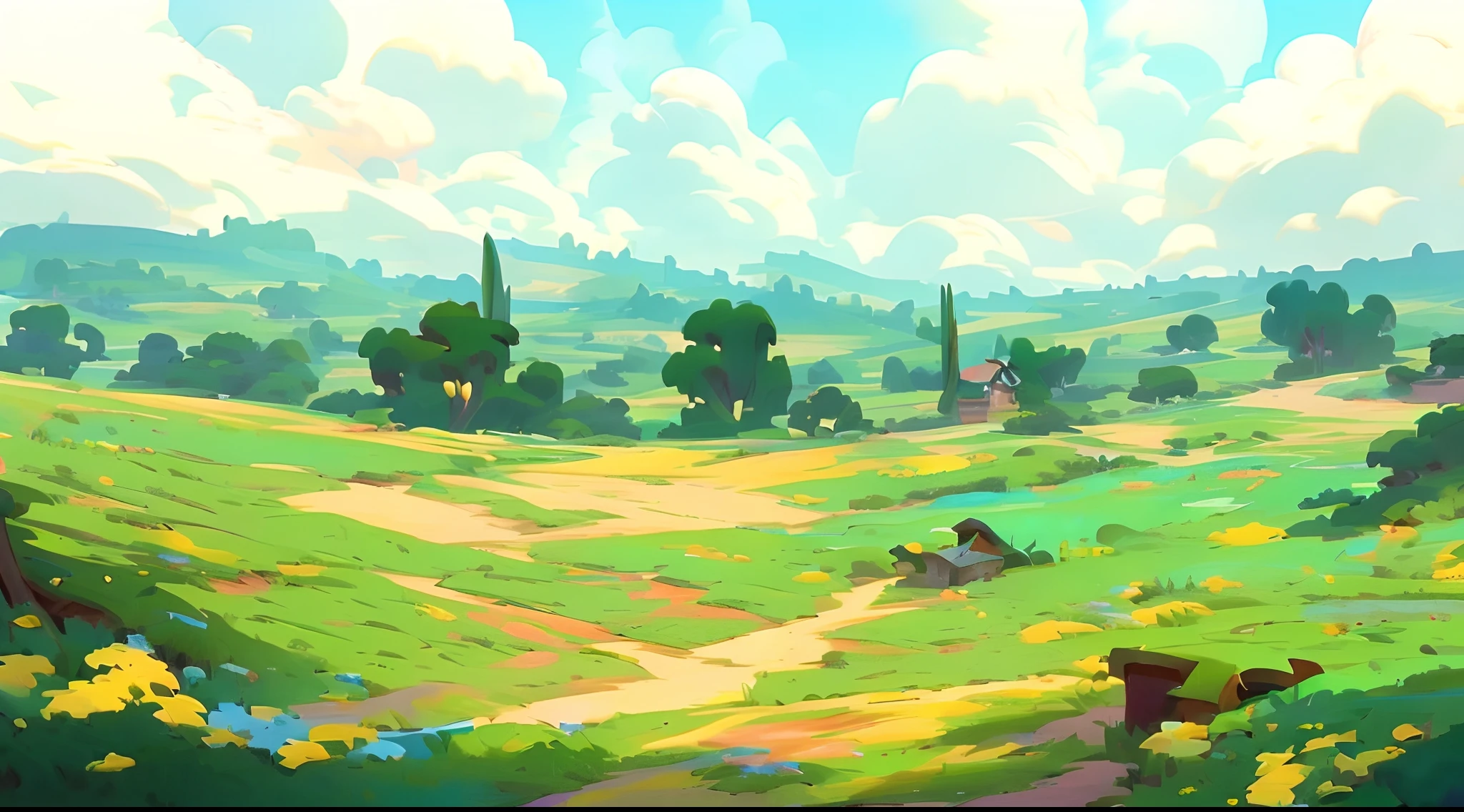 In the distance there is a painting of fields and houses, background artwork, arte de fundo, field background, anime countryside landscape, sunny landscape, digital landscape art, distant village background, Anime landscape, Sunny environment, 2 D game art background, painted landscape, Color field painting. 8K, Landscape illustration, Game art, A digital painting, scenery game concept art