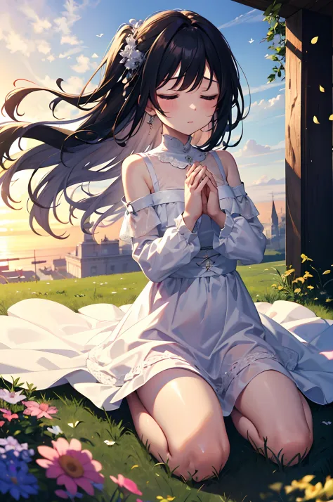 Top quality, intricate detail, absurdres, very precise detailed, extremely detailed 8K wallpaper, (black hair), BREAK, white dress, flat_chest, BREAK, flower garden, praying, The girl is praying, own hands together:1.5), (wariza:1.1), closed eyes,