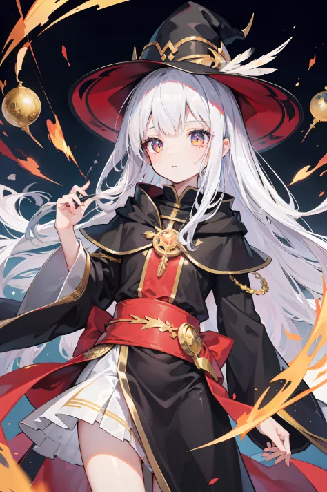 A loli, sorceress woman, Dressed in black and white mage robes, Gold pattern, Arcane, chanting magic, silber hair,full bodyesbian, Amber eyes, Wizard's Hat, Thinking, Contemplative, Masterpiece, Super detail, Best quality,Magic perimeter,Magic surrounds,ma...