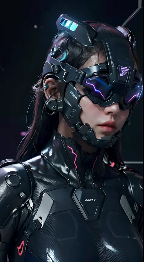 Hyper-realistic, woman , wearing futuristic vr, dark background, high quality image, ,(wearing head-mounted display that is chunky and hi-tech with neon lights:1.2) inside spaceship,  stylished suit,