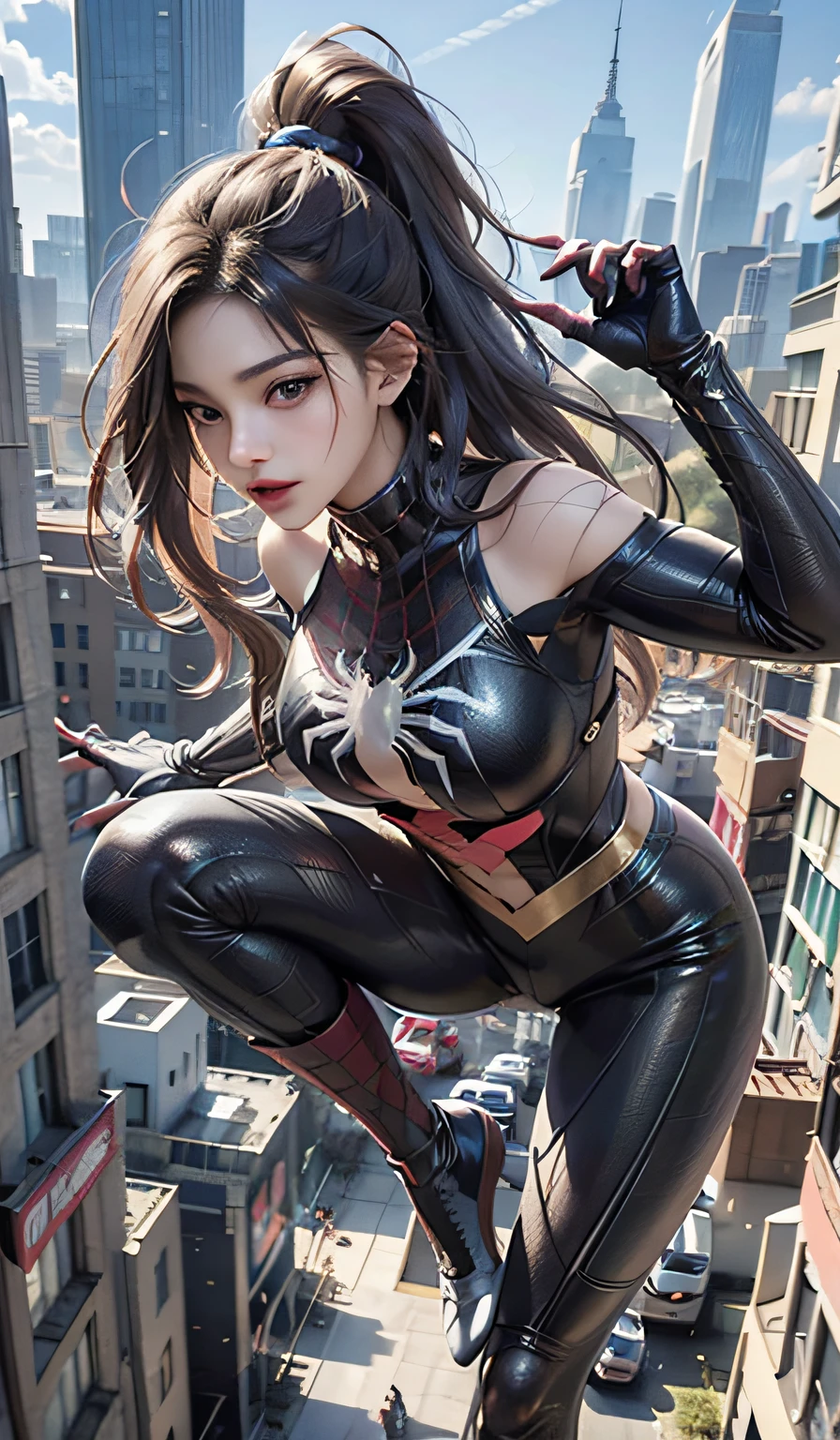 （tmasterpiece，4K resolution，Ultra photo realsisim，The is very detailed），（White superhero theme，Glamorous，there's a girl on top of town，wearing Spider-Man costume，she is a superhero），[（（18yr old），（Long gray hair：1.2），full bodyesbian，（eBlue eyes：1.2），（（Spider-Man pose），Show power，jump from one building to another），（（sandy urban environment）：0.8）|（view over city，the night，dynamic lightoon full））] # illustrated：The Prompt mainly describes a 4K painting of ultra-high definition，very realistic，The is very detailed。It showcases superheroines at the top of the city，wearing Spider-Man costume。The subject in the painting is a white superhero theme，The heroine has long white hair，The entire figure is shown in the painting。In terms of depicting the actions of superheroines，