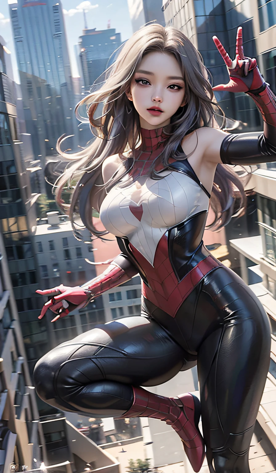 （tmasterpiece，4K resolution，Ultra photo realsisim，The is very detailed），（White superhero theme，Glamorous，there's a girl on top of town，wearing Spider-Man costume，she is a superhero），[（（18yr old），（Long gray hair：1.2），full bodyesbian，（eBlue eyes：1.2），（（Spider-Man pose），Show power，jump from one building to another），（（sandy urban environment）：0.8）|（view over city，the night，dynamic lightoon full））] # illustrated：The Prompt mainly describes a 4K painting of ultra-high definition，very realistic，The is very detailed。It showcases superheroines at the top of the city，wearing Spider-Man costume。The subject in the painting is a white superhero theme，The heroine has long white hair，The entire figure is shown in the painting。In terms of depicting the actions of superheroines，