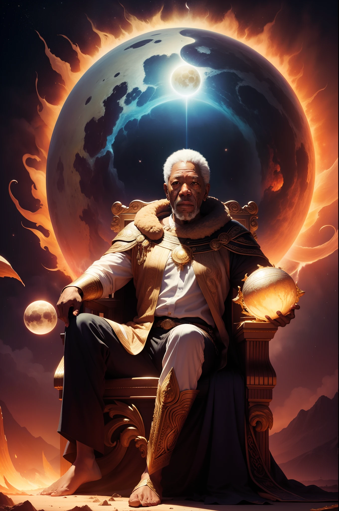 "Un retrato de Morgan Freeman en forma de dios mítico.. Retrate-o segurando o sol e a lua, rodeado de un aura radiante. Colócalos en un magnífico trono en medio de un telón de fondo cósmico.."