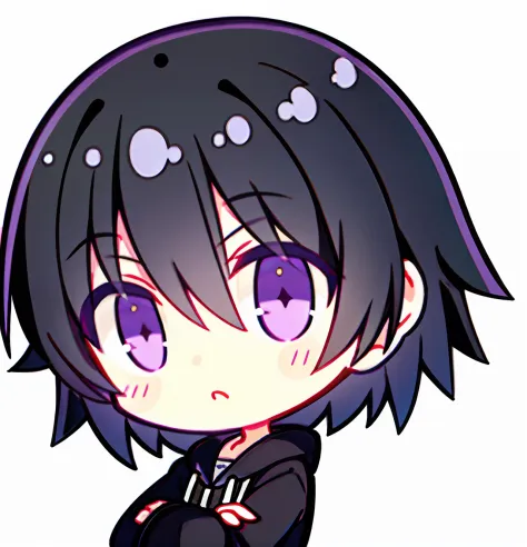 Short black hair，A little boy with purple eyes，It's kind of cute，Serious eyes