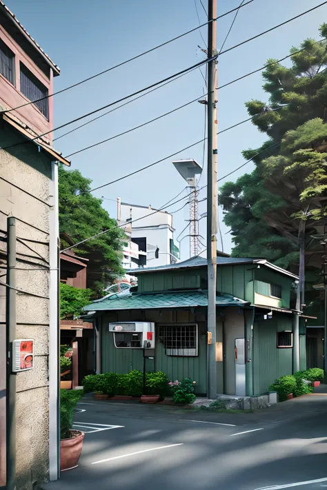 sunny day, city, japan architecture building, pole, (car), trees on pots, (hdr:1.25), (intricate details:1.14), (hyperrealistic 3d render:1.16), (filmic:0.55), 8K,