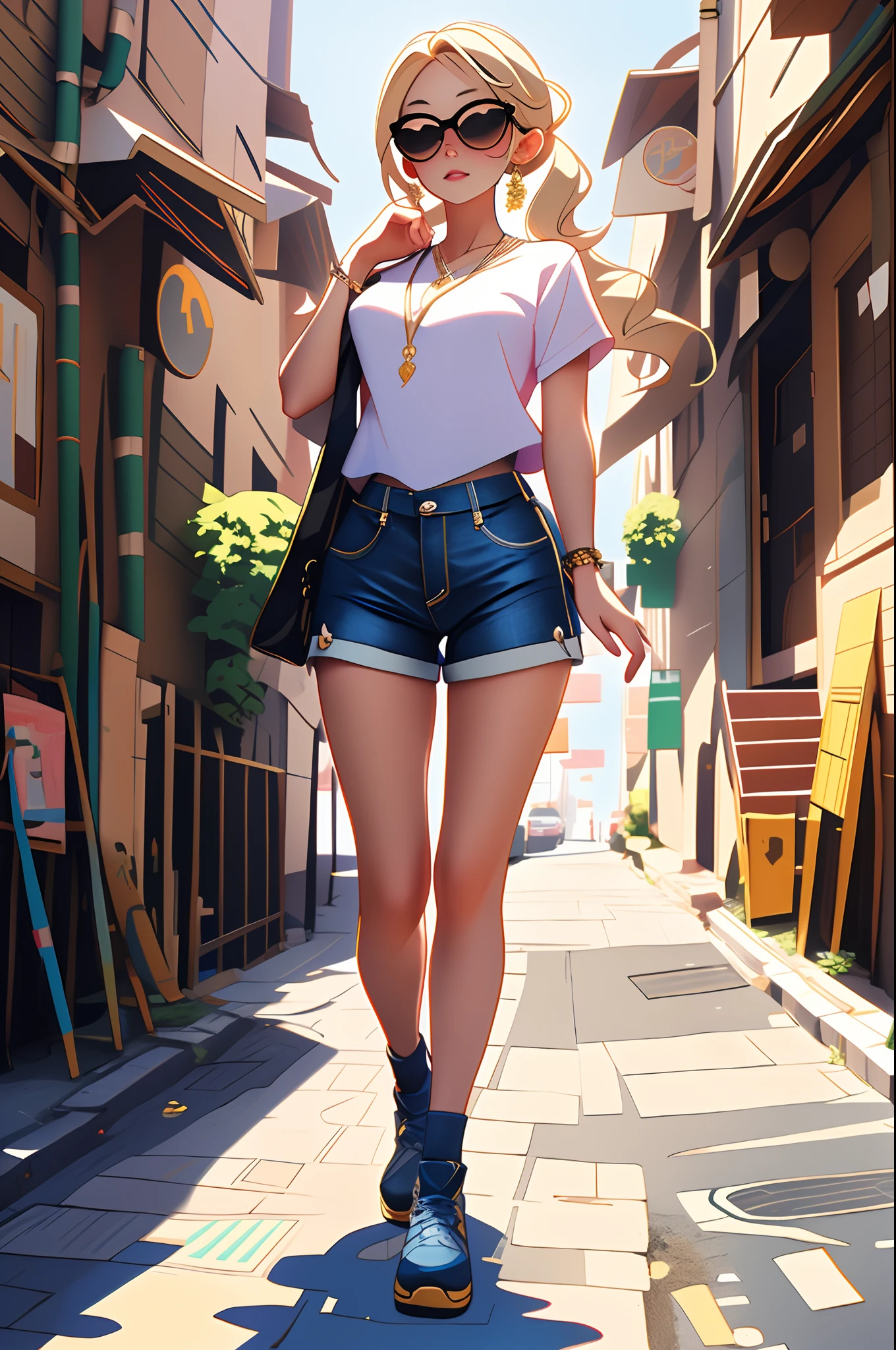 anime girl walking down a narrow alley with a bag and sunglasses, realistic anime 3 d style, 3 d anime realistic, photorealistic anime girl render, sexy girl wearing shorts, realistic young anime girl, guweiz, artwork in the style of guweiz, a hyperrealistic schoolgirl, realistic shaded perfect body, smooth anime cg art, hyperrealistic , Strong and vibrant colors k, --ar 9:16 -variation-imagine --s2
