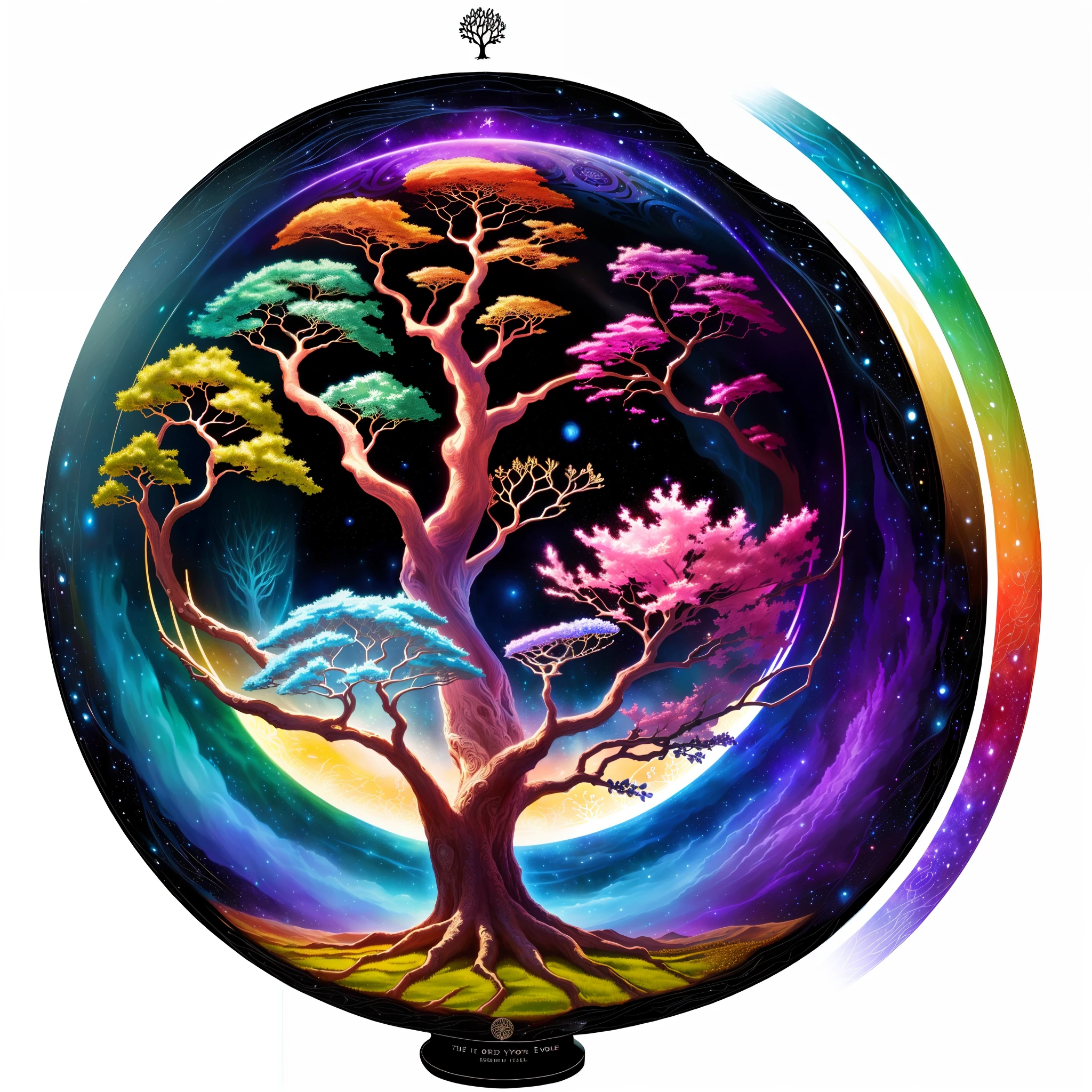 Es gibt ein Bild von einem Baum mit vielen verschiedenen Farben, Baum des Lebens seed of doubt, Weltenbaum, Baum des Lebens inside the ball, Baum des Lebens, the Weltenbaum, cosmic Baum des Lebens, the Baum des Lebens, Yggdrasil, eine wunderschöne Kunstwerkillustration, künstlerische Illustration, Fantasiebaum, Magischer Baum, schöne detaillierte Illustration, Baum des Lebens brains