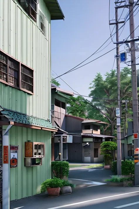 sunny day, city, japan architecture building, pole, (car), trees on pots, (hdr:1.25), (intricate details:1.14), (hyperrealistic ...