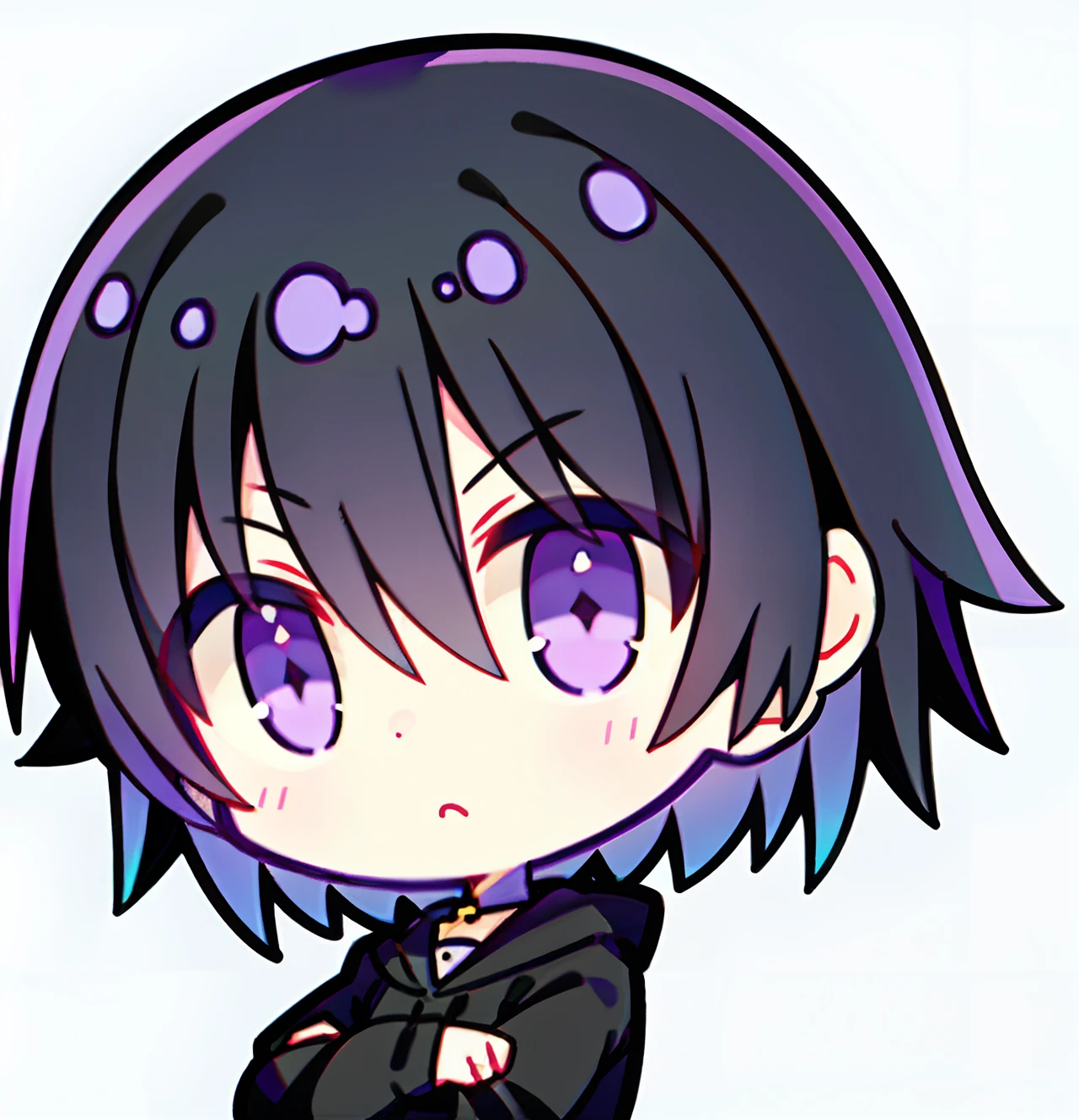 Short black hair，A little boy with purple eyes，It's kind of cute，Serious eyes
