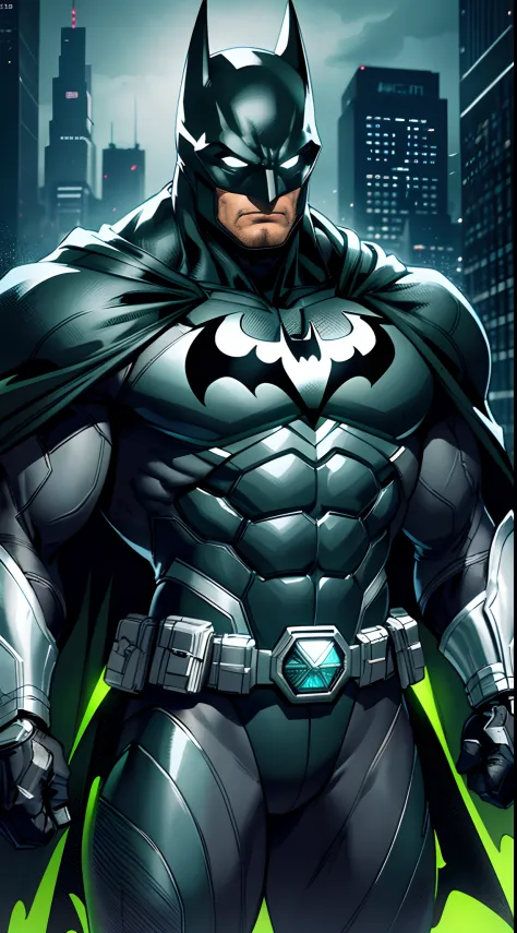 Batman,macho, tall, hunk, muscular, black and neon green suit, neon green details on the suit, best quality, masterpiece, long black cape, short ears on the helmet, white eyes, no pupils, serious face, ultra detailed suit, detailed face, powerful pose,  be...