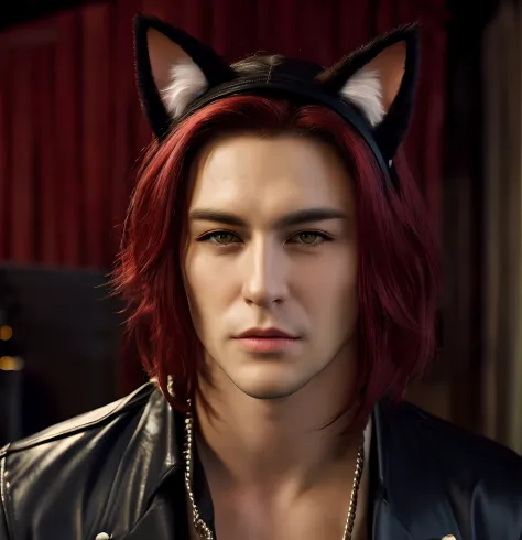 arafed man with red hair and black cat ears and a black jacket, with very highly detailed face, emo boy with cat ears and tail, ...
