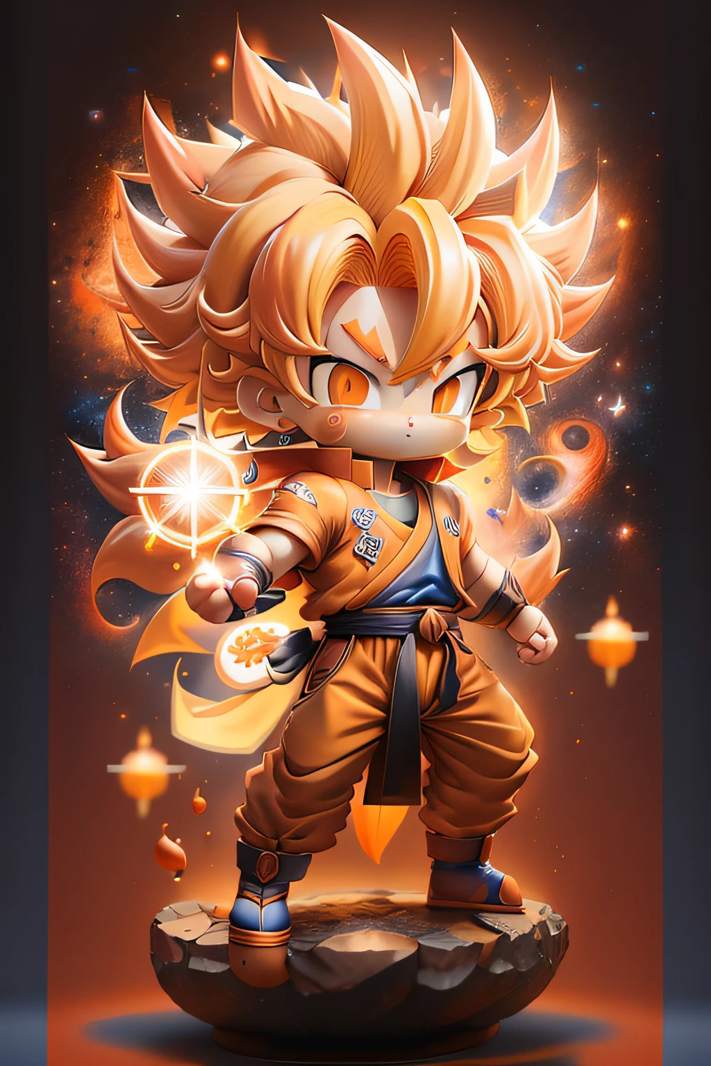 Son Goku, Super Saiyan, Cabello amarillo, chibi, camisa azul, mirando al espectador, Fondo de la tarjeta, galaxia, Llevar un traje naranja de artes marciales