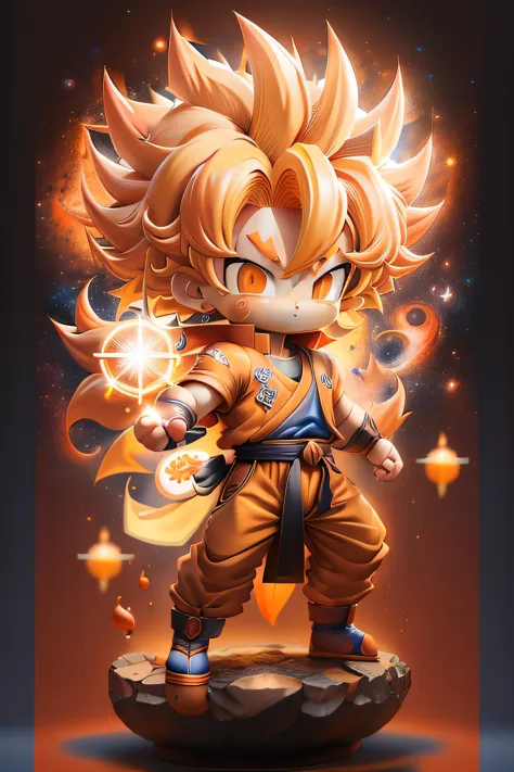 Son Goku, Super Saiyan, Yellow hair, chibi, Blue shirt, looking at viewer, card background, Galaxy, wearing a orange martial arts outfit