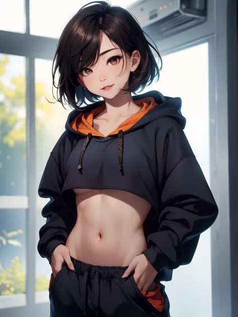 1 girl, beautiful Korean girl, (Cute Loose Bob hair), (wearing a cropped hoodie, capri sweatpants:1.5), (hands in pockets:1.5), (red lips:1.3), (small breasts:1.3), (toned stomach:1.3), (eyelashes:1.2), (aegyo sal:1.2), (detailed face), immersive backgroun...