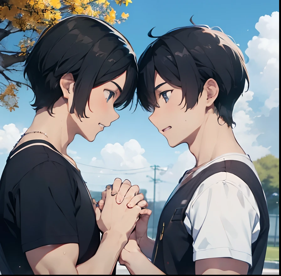 gay male couple,((2male)),yaoi,holding hands,face to face,sunny,sky,wind,tree,blue style