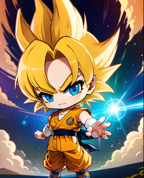 best quality, masterpiece,  Son_Goku_\(Dragon Ball\), Super saiyan, solo, cute face, chibi, best ratio for fingers and one thumb...