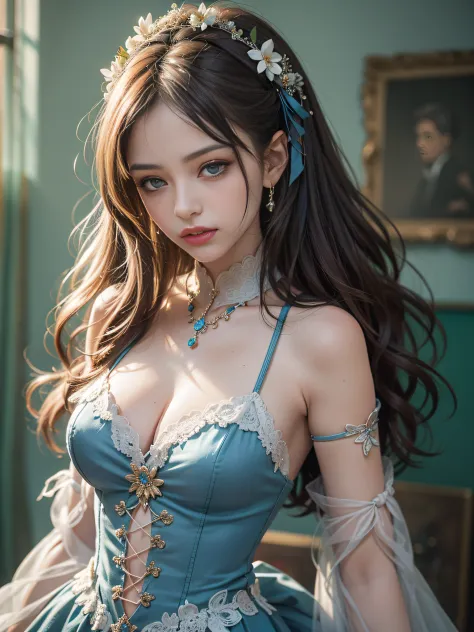 A cute beautiful girl，lovely and delicate，Peerless beauty，Fine hair  accessories，Pitying，（messy hair），Costume dressed in lace，Supple  skin，Fashionab，A delicate painting，Clover hairpins，Blue，Ultra-high image  quality，8k，depth of fieldacro