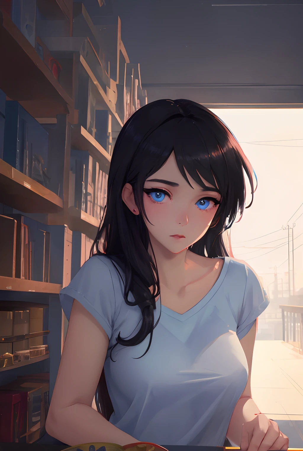 dreamy, (masterpiece), best quality, 1girl, amazing, beautiful detailed eyes, fine details, depth of field, extremely detailed CG, Black hair, blue eyes