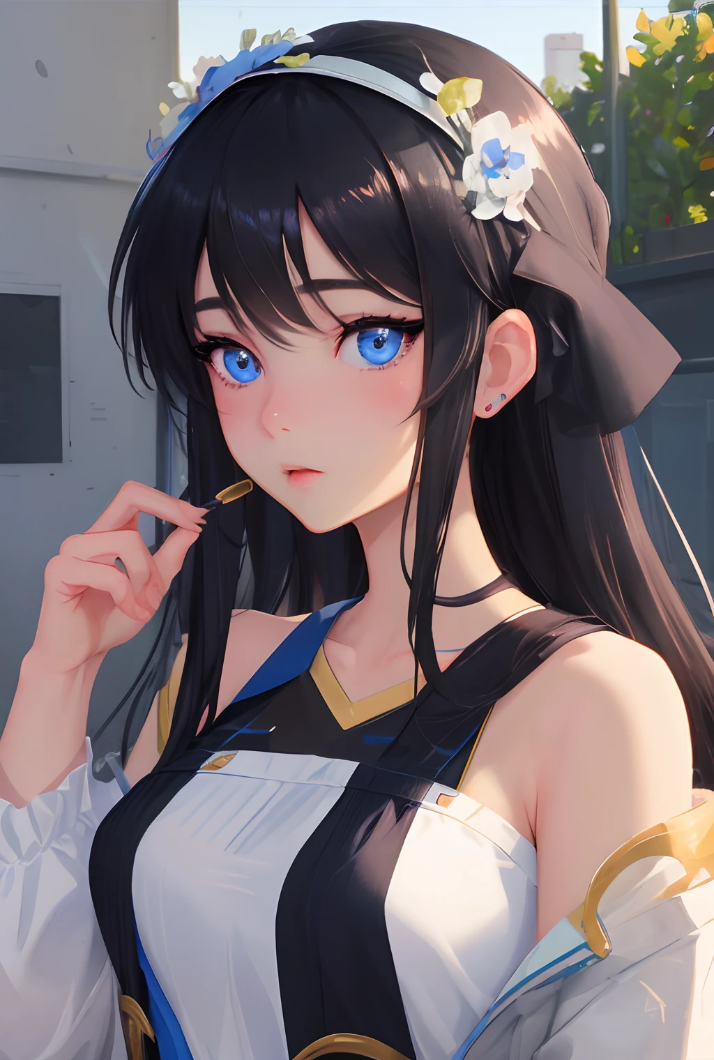 dreamy, (masterpiece), best quality, 1girl, amazing, beautiful detailed eyes, fine details, depth of field, extremely detailed CG, Black hair, blue eyes