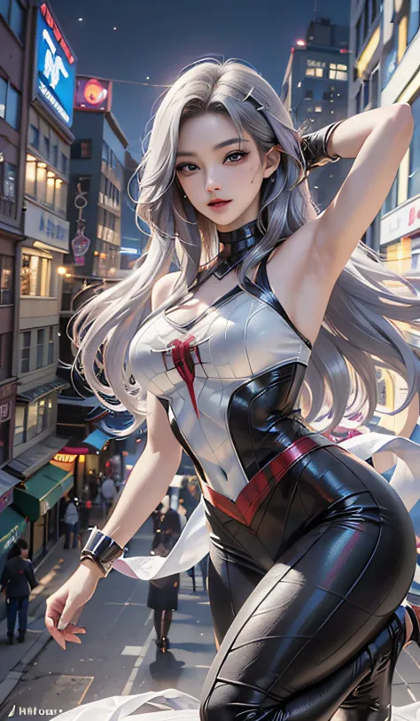 （tmasterpiece，4K分辨率，Ultra photo realsisim，The is very detailed），（White superhero theme，Glamorous，there's a girl on top of town，w...