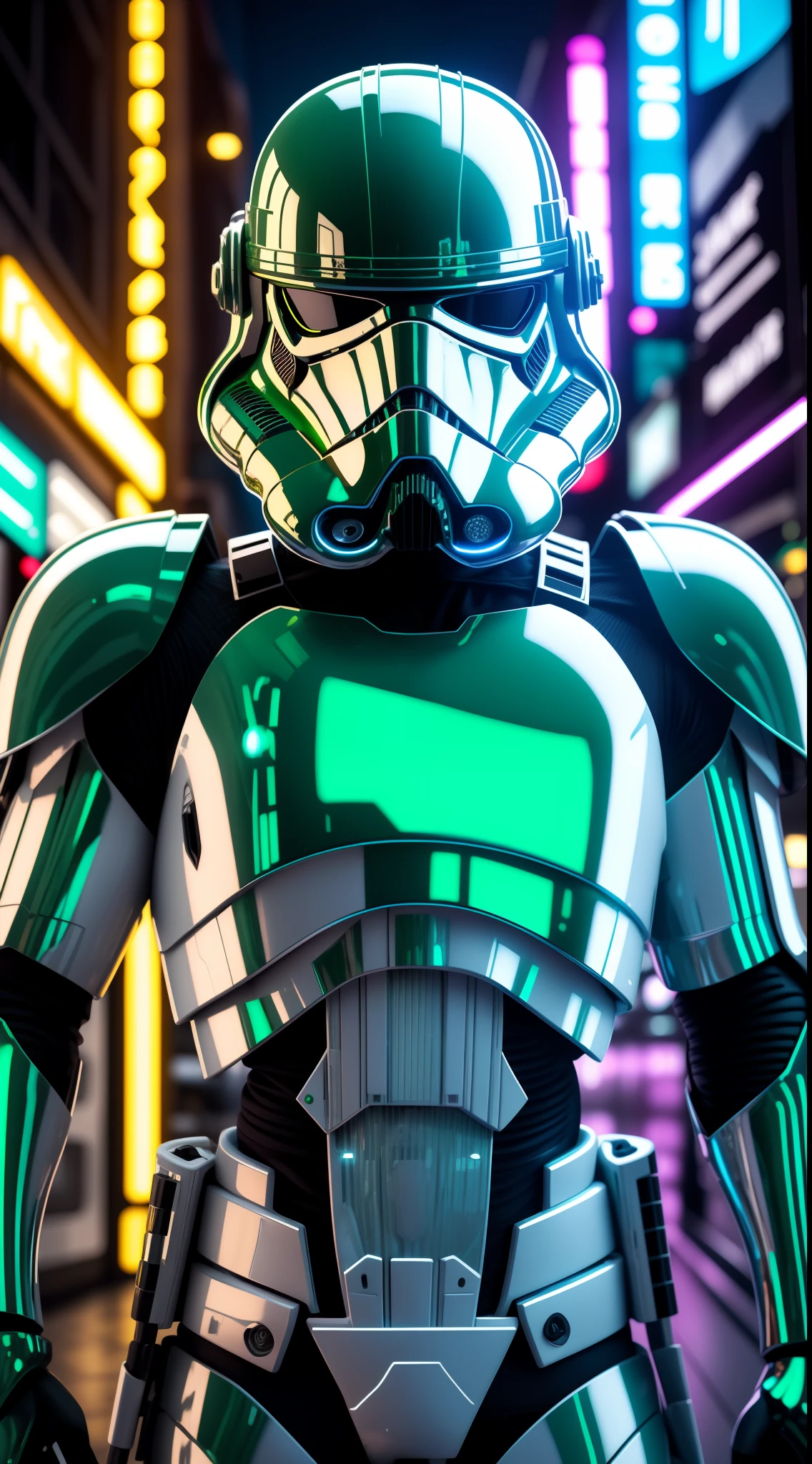 disco rígido, parte mestre, melhor qualidade, tiro de corpo inteiro de um stormtrooper, usando capacete neon branco e verde, Olhando para o Viewer, olhos verdes brilhantes, usando armadura, luzes de néon no fundo,