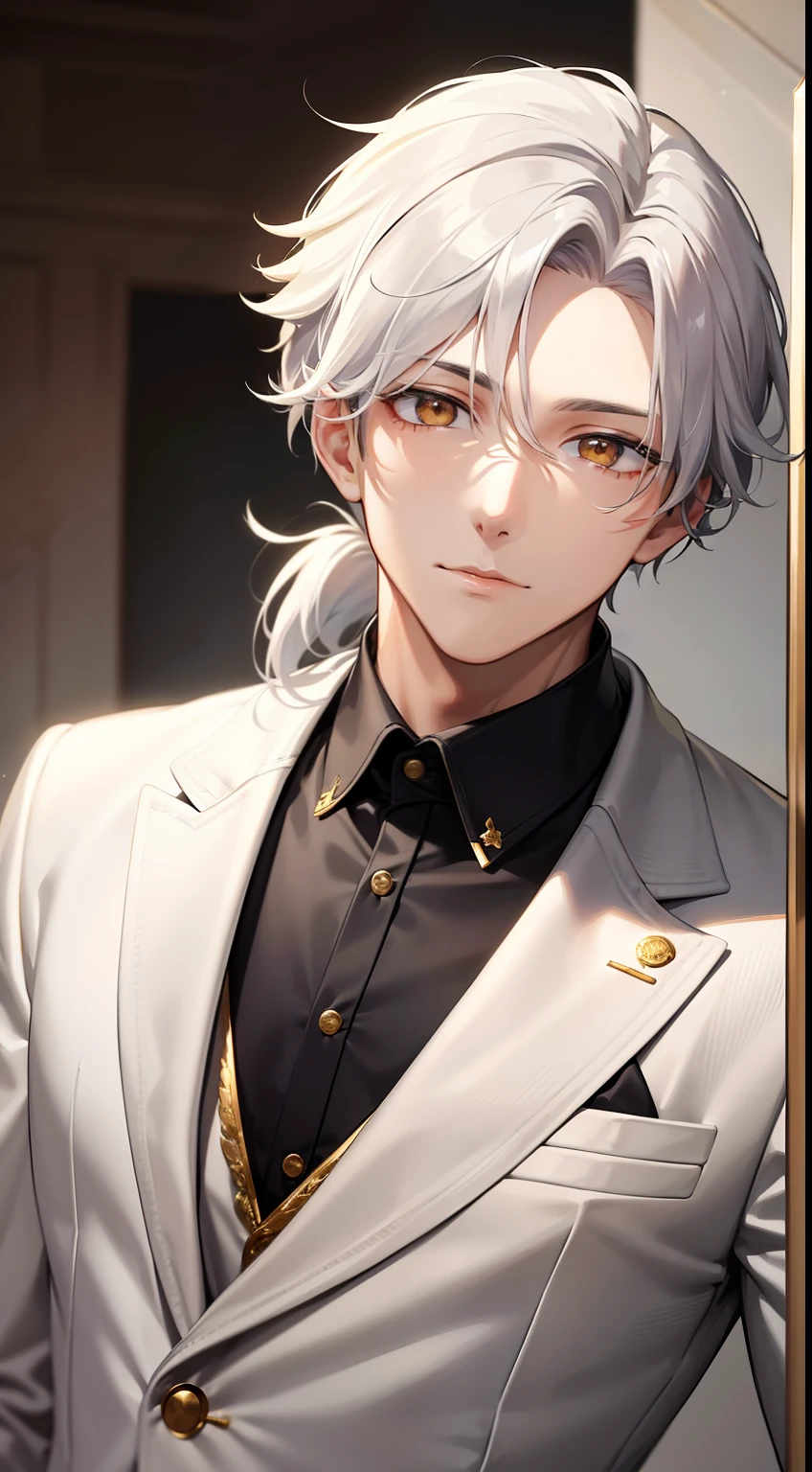 Grown-up guy, white colored hair, high ponytail, golden eyes, white suit with gold elements, Masterpiece, hiquality