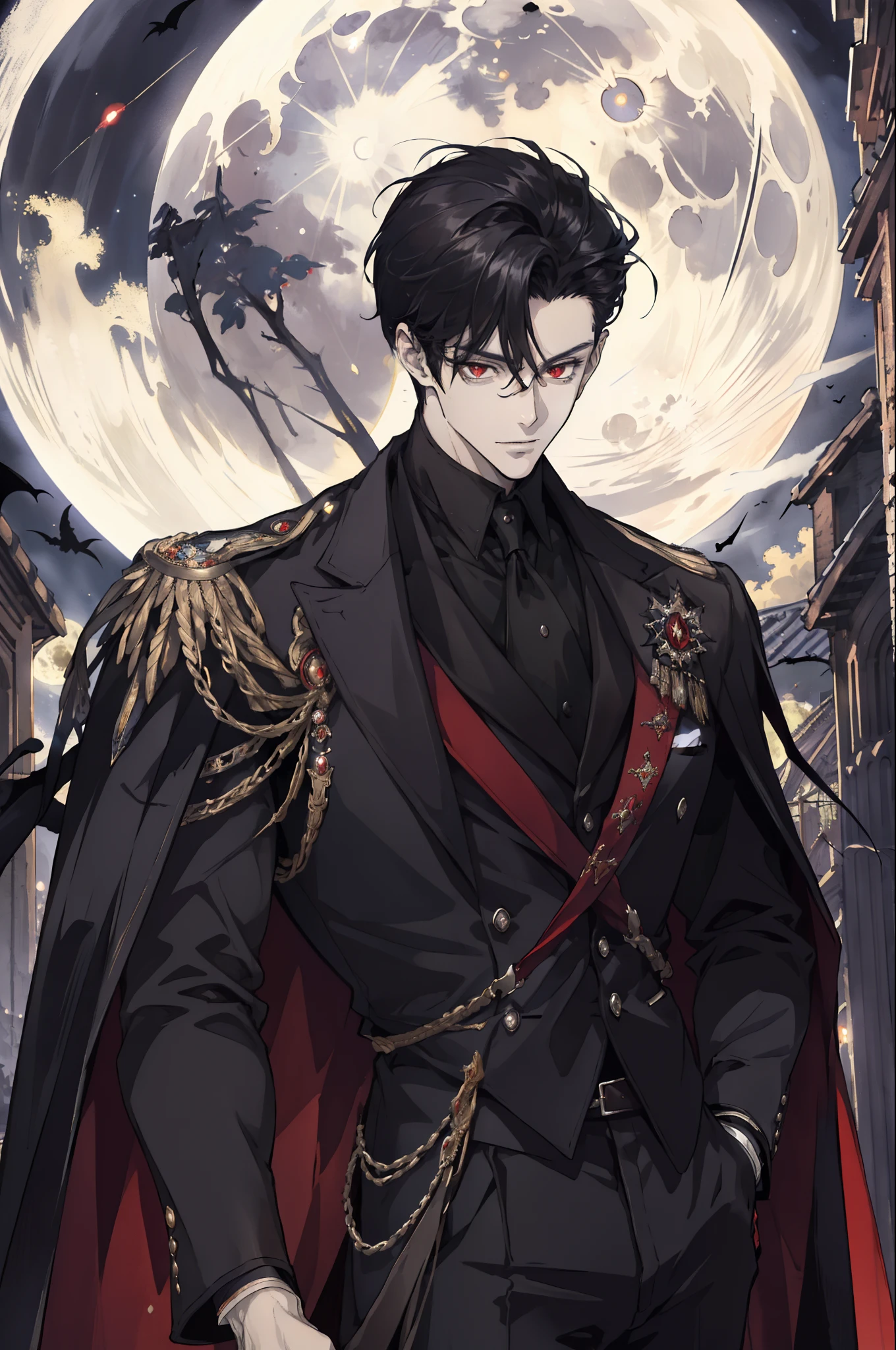 (absurdres, highres, ultra detailed), 1 male, adult, male focus, handsome, handsome, tall muscular guy, broad shoulders, finely detailed eyes and detailed face, short black hair, red eyes, handsome, black suit, fantasy, uniform, royal, behind him is a full moon, This is what a real Vampire looks like! Antique vampire clothes, elegant, gentlemanly. He is smiling friendly, In the background a brown church window, with moonlight reflecting behind. All this is in a beautiful and dark light, which makes it look amazing. 4k wallpaper (High quality: 1.2, Church at night: 1.5, Antique Vampire Clothing: 1.4) (((At night))) (Provocative light, mysterious darkness) (((Full Moon))) Defined Face) Perfect Hands)Fantastic light and shadow, Scenery, portrait