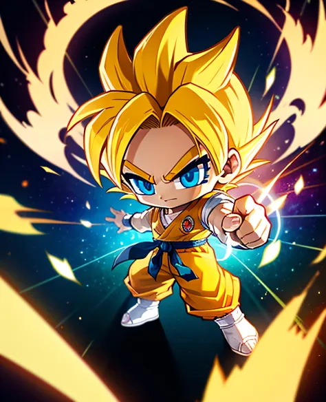 best quality, masterpiece,  Son_Goku_\(Dragon Ball\), Super saiyan, solo, chibi, best ratio for fingers and one thumb, Yellow ha...