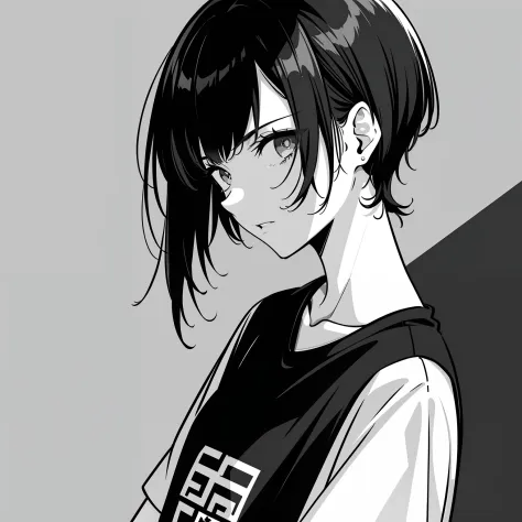 girl, side portrait, black and white, messy short hair, edgy accessories,sporty style, casual t-shirt, confident gaze, monochrom...