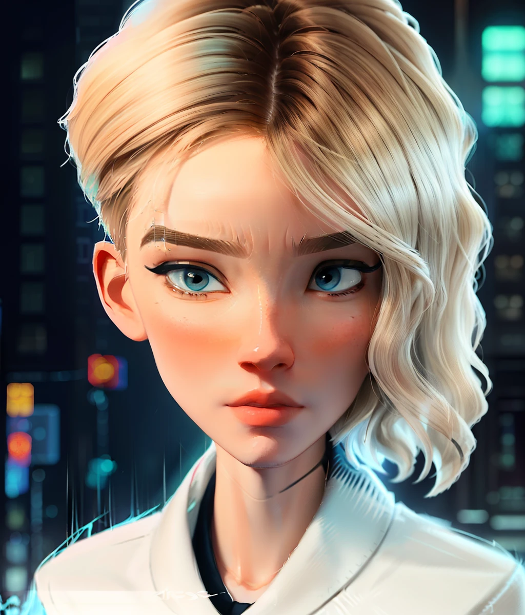 ((chef-d&#39;œuvre)), (Éclairage cinématographique), Un gros plan, Belle illustration stylisée de Gwen_stacy, Avec des coupes latérales, cheveux blonds asymétriques, A des détails incroyables, Des yeux bleus et un visage magnifique et détaillé, lèvres entrouvertes, , Épaules nues, Loisirs en ville, regarde ailleurs, auteur：Jérémie Mann, by sandra chevrier, auteur：Dave McKean、Richard Avedon et Maciej Kuciara。, haut niveau de détail, 8k,  style samdoesarts