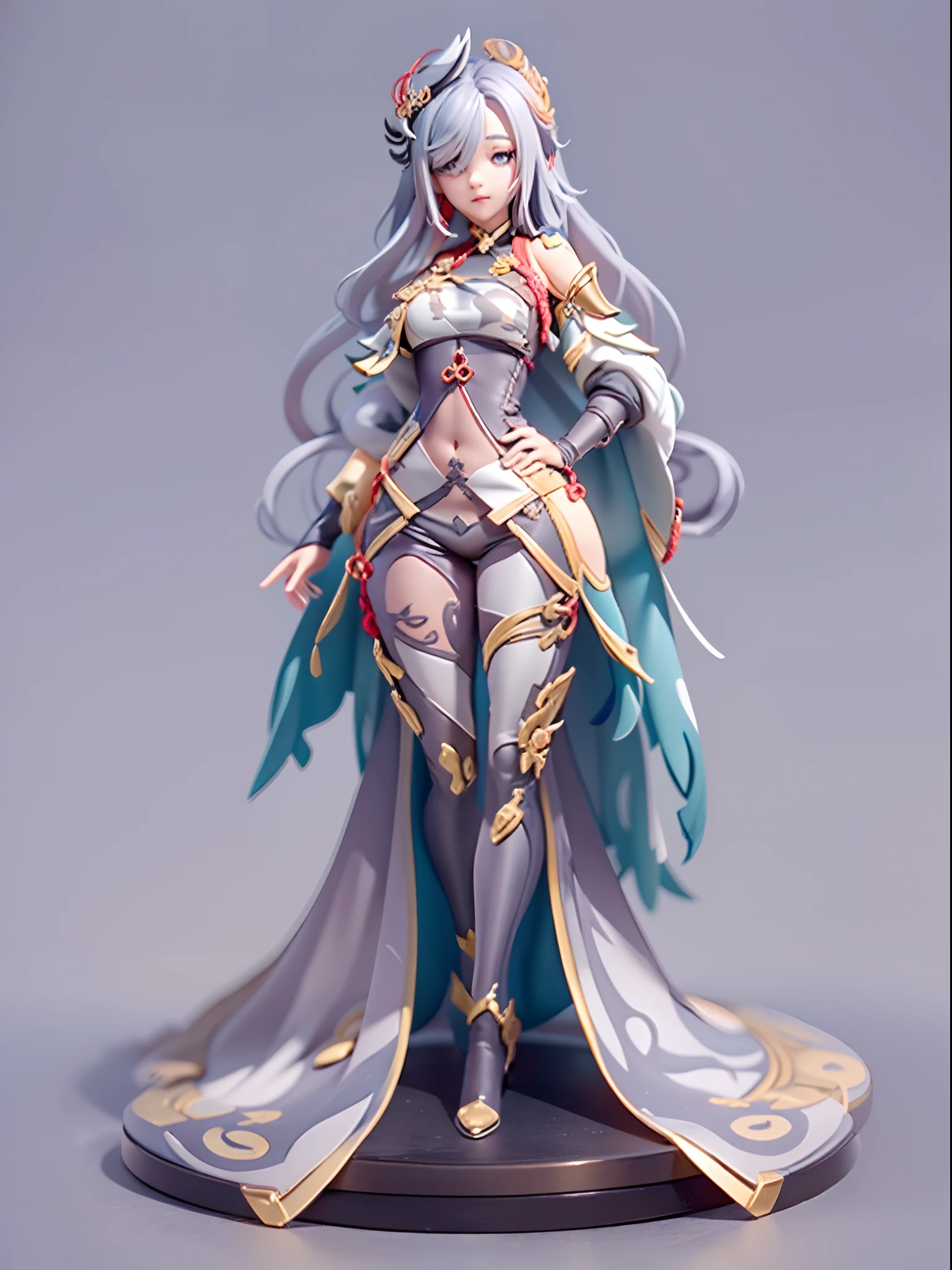 (Blind box toy style:1.3), ((Full body shot:1.4)) (((anatomy correct))),((1girl, solo)),(masterpiece:1.3), ,high quality, (SOLO:1.4), whole body, (((shenhe,genshin impact))), smile,grey hair,long hair,hair ornament, blue eyes,braided ponytail,puffy sleeves,gold trim,gloves,bodysuit,large breasts,breast curtain, shoulder cutout,covered navel,hip vent,clothing cutout, tassel,grey background, masterpiece, best quality, solo, standing, ((circular base:1.5))(Global illumination, Ray traching, hdr, unreal render,reasonable design, high detal, Masterpiece, Best quality, hyper HD, Cinematic lighting)