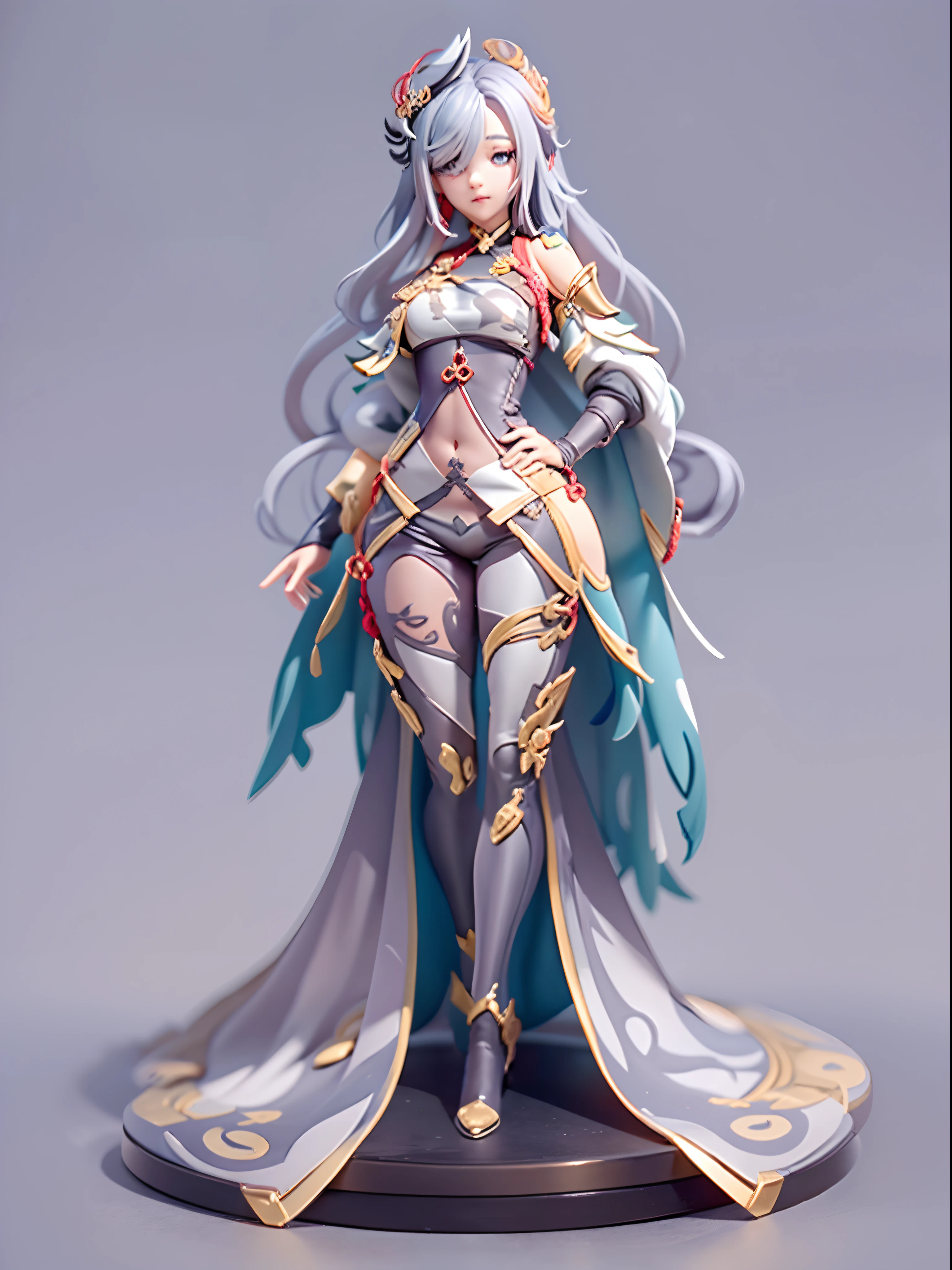 (Blind box toy style:1.3), ((Full body shot:1.4)) (((anatomy correct))),((1girl, solo)),(masterpiece:1.3), ,high quality, (SOLO:1.4), whole body, (((shenhe,genshin impact))), smile,grey hair,long hair,hair ornament, blue eyes,braided ponytail,puffy sleeves,gold trim,gloves,bodysuit,large breasts,breast curtain, shoulder cutout,covered navel,hip vent,clothing cutout, tassel,grey background, masterpiece, best quality, solo, standing, ((circular base:1.5))(Global illumination, Ray traching, hdr, unreal render,reasonable design, high detal, Masterpiece, Best quality, hyper HD, Cinematic lighting)