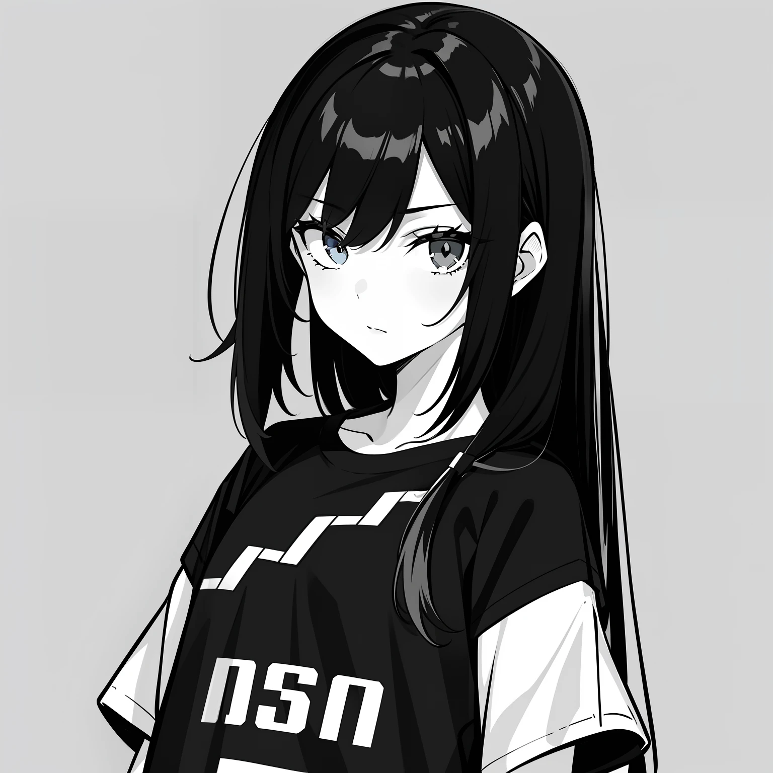 女の子, 横顔, 白黒,エッジの効いたアクセサリー,スポーティなスタイル, カジュアルTシャツ, 自信に満ちた視線, モノクロの配色, 横を見る, シックなストリートファッション, ポケットに手を入れるカジュアルなポーズ,頭,長い髪