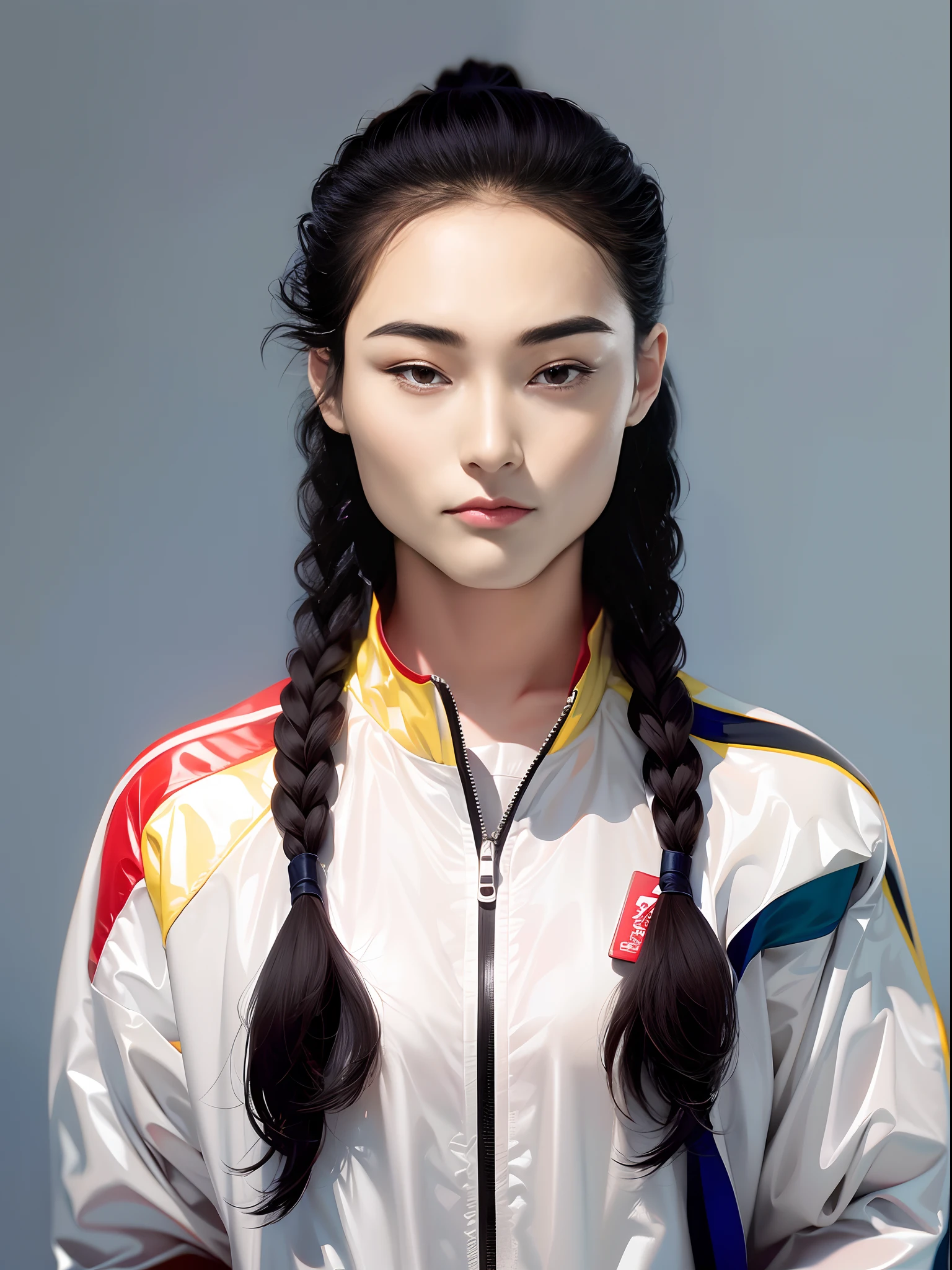 一名中国女高中生，穿着PVC红色游戏服，有拉链，灰色背景
