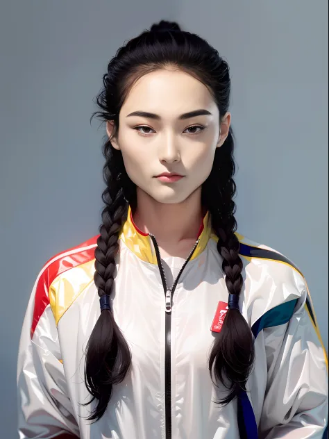 a chinese female high school student，wearing pvc red game suit，there are zippers，greybackground