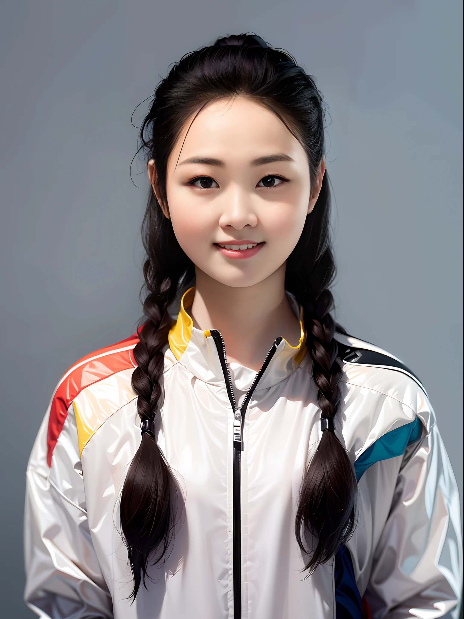 Китайская ученица средней школы，В красном игровом костюме из ПВХ.，Есть молнии，серый фон