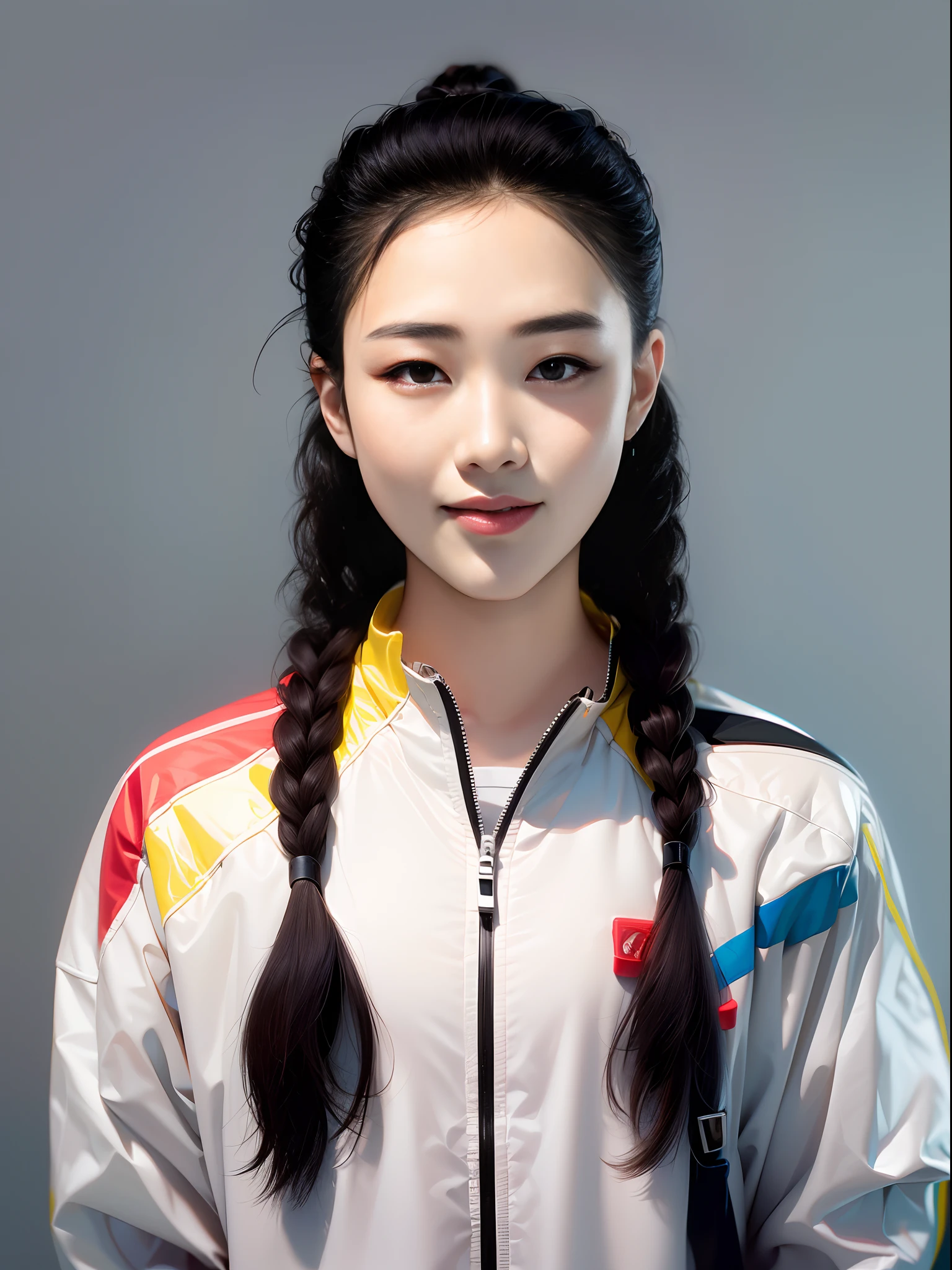 中国女子高校生，PVCの赤いゲームスーツを着て，ジッパーが付いています，グレー背景