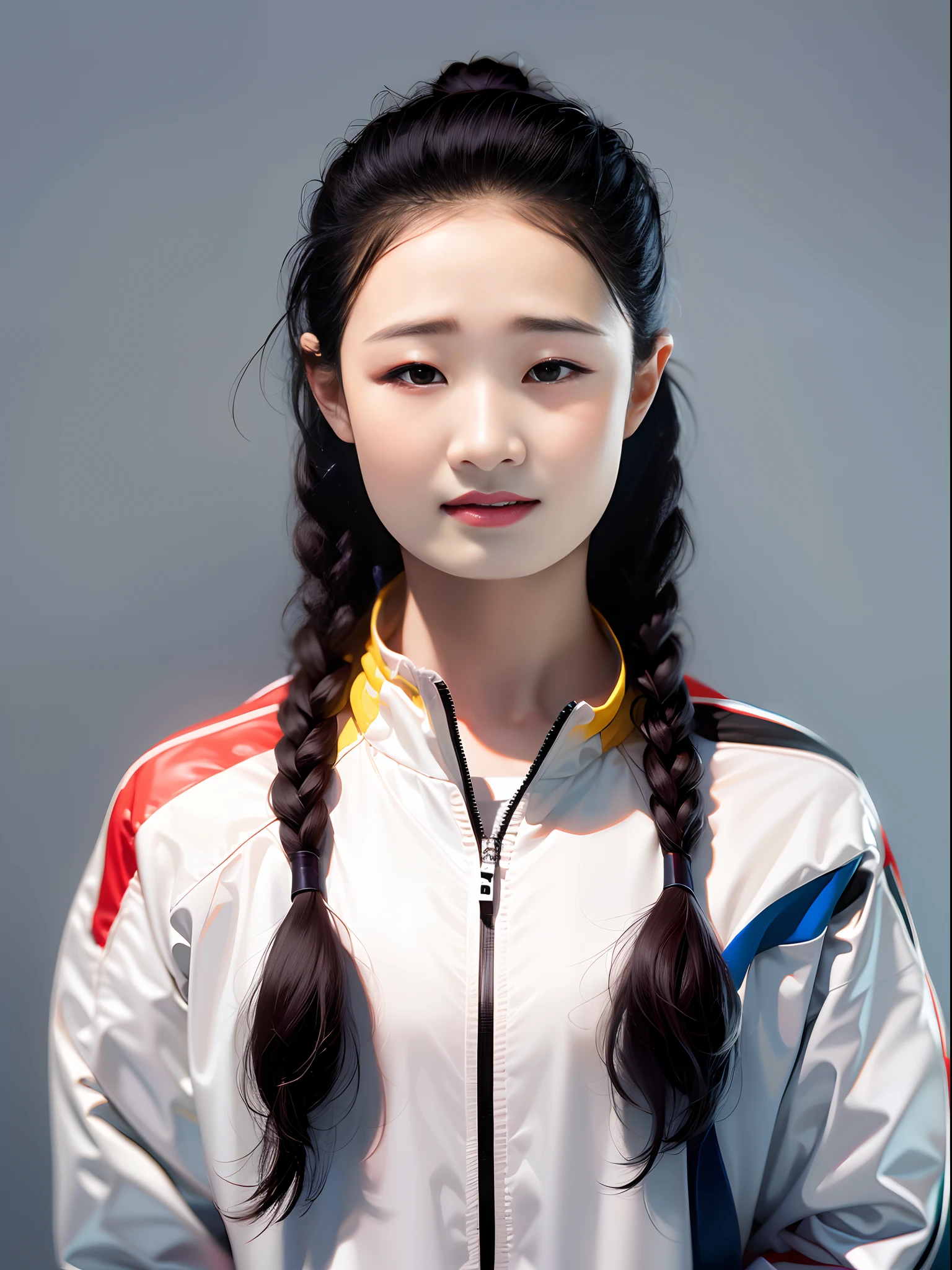 中国女子高校生，PVCの赤いゲームスーツを着て，ジッパーが付いています，グレー背景