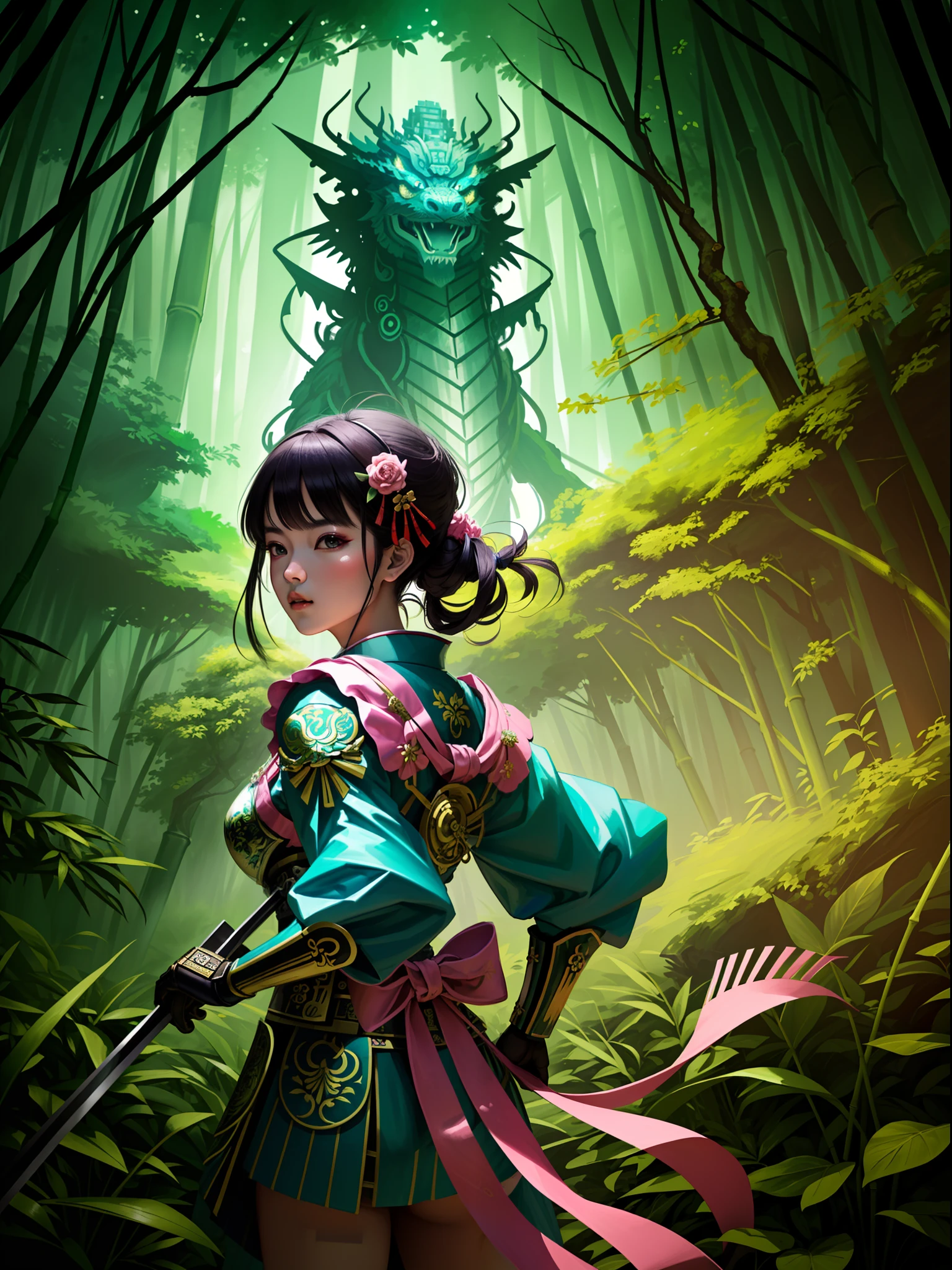 (obra maestra,a high definition, La mejor calidad, calidad superior, Detalles intrincados, beautiful aesthetic:1.2),alta calidad, 8k, ...RAW, Ultra detalles, extremadamente detallado y hermoso,A fierce samurai warrior maiden wields a bright pink katana as she battles an ancient green dragon amid a magical misty bamboo forest....., Ribbons and leaves swirling around it. dynamic action pose, Telas rosas y verdes que fluyen, Neon lighting, Intrincados detalles de armadura. Japanese fantasy landscape,Girl in front of the dragon,back to camera,Farsightedness of the lens ,Mecha Musume,mechenical parts