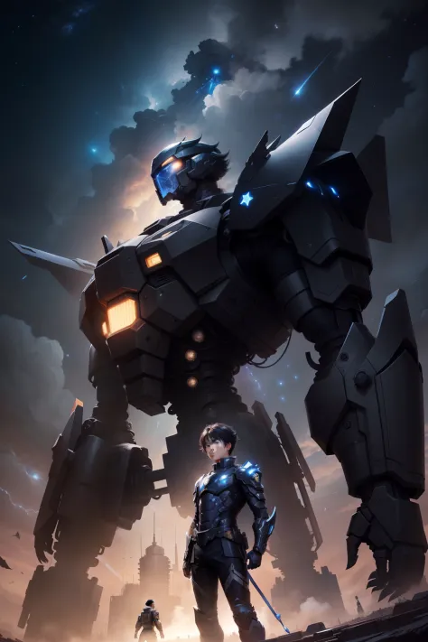 Xu Le, a boy, black hair, Stand under the giant mech, Behind it is a sky full of stars, siblpencl, super detail, ccurate, best quality, best quality, masterpiece