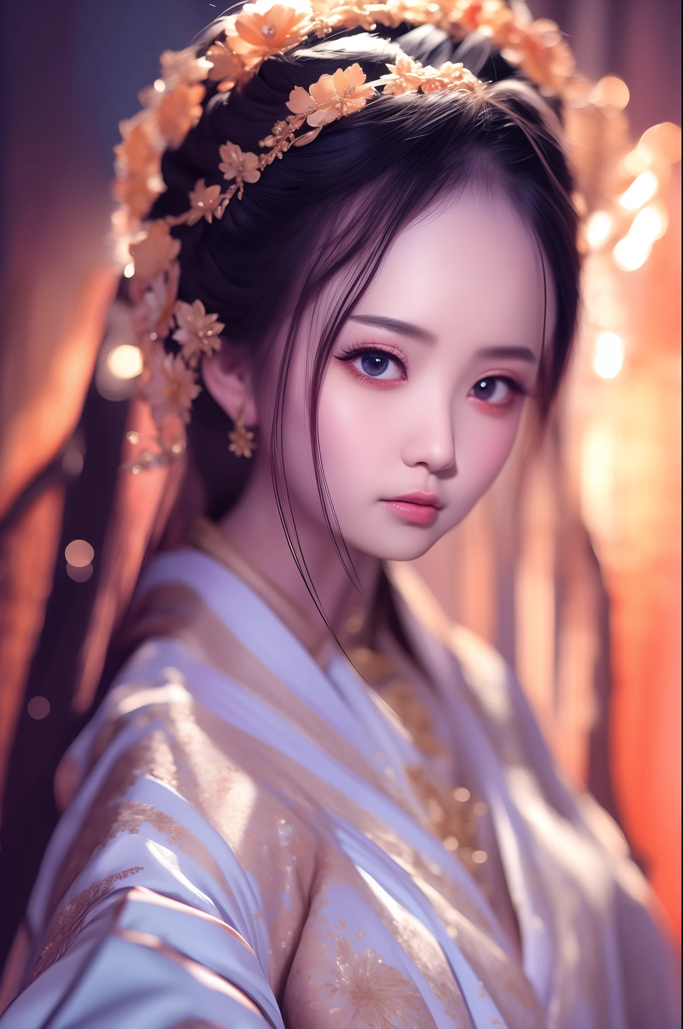 High quality, Masterpiece, Masterpiece, Exquisite facial features, Exquisite Hair, Elaborate Eyes, Off-bshoulders，Delicate colored hair, 4K quality, Gorgeous light and shadow, Tyndall effect, Halo, Messy hair, Young state, Gorgeous scenes, Beautifully dressed, feater,Ancient Chinese beauty with big eyes，detail-rich, Digital painting, art  stations, concept-art, Sharp focus, illustration