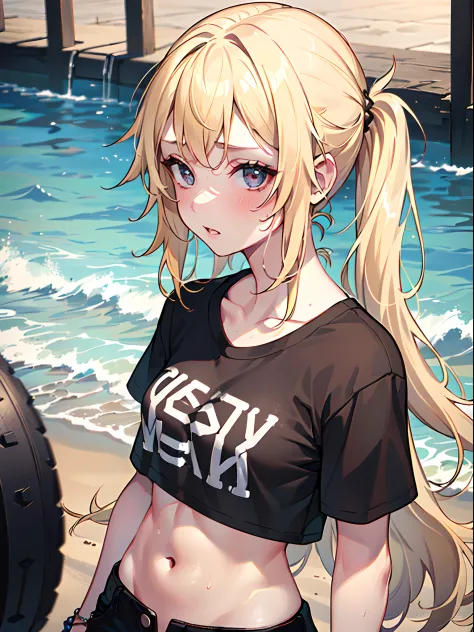 (1girl), medium breasts, tan, dewy skin, sweaty skin, wavy blonde hair, punk tshirt, punk girl