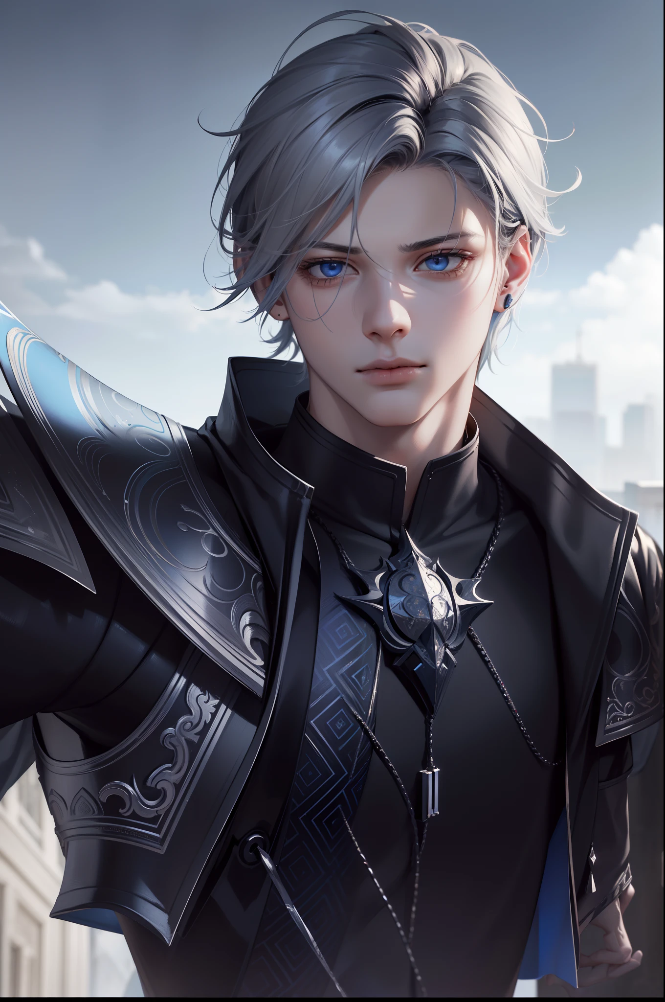 ashva, clothed, masculine male, masterpiece, ((perfect eyes)) best quality, (semirealism:1.9), beautiful lighting, (extremely detailed CG unity 4k fhd wallpaper),realistic, high detail, sharp focus, dramatic outdoors, one man, 19 years old, grey hair, light blue eyes, full body, pants, standing, bright blue background, blue navy clothes.
