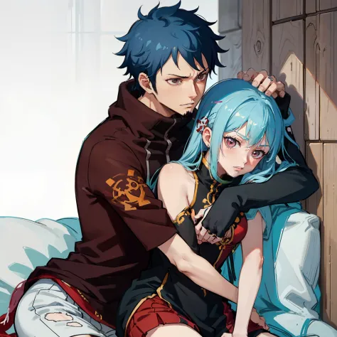 2guys、Trafalgar Law、Hugging 15 year old girl with short light blue hair and red eyes、The cuddling girl is short stature