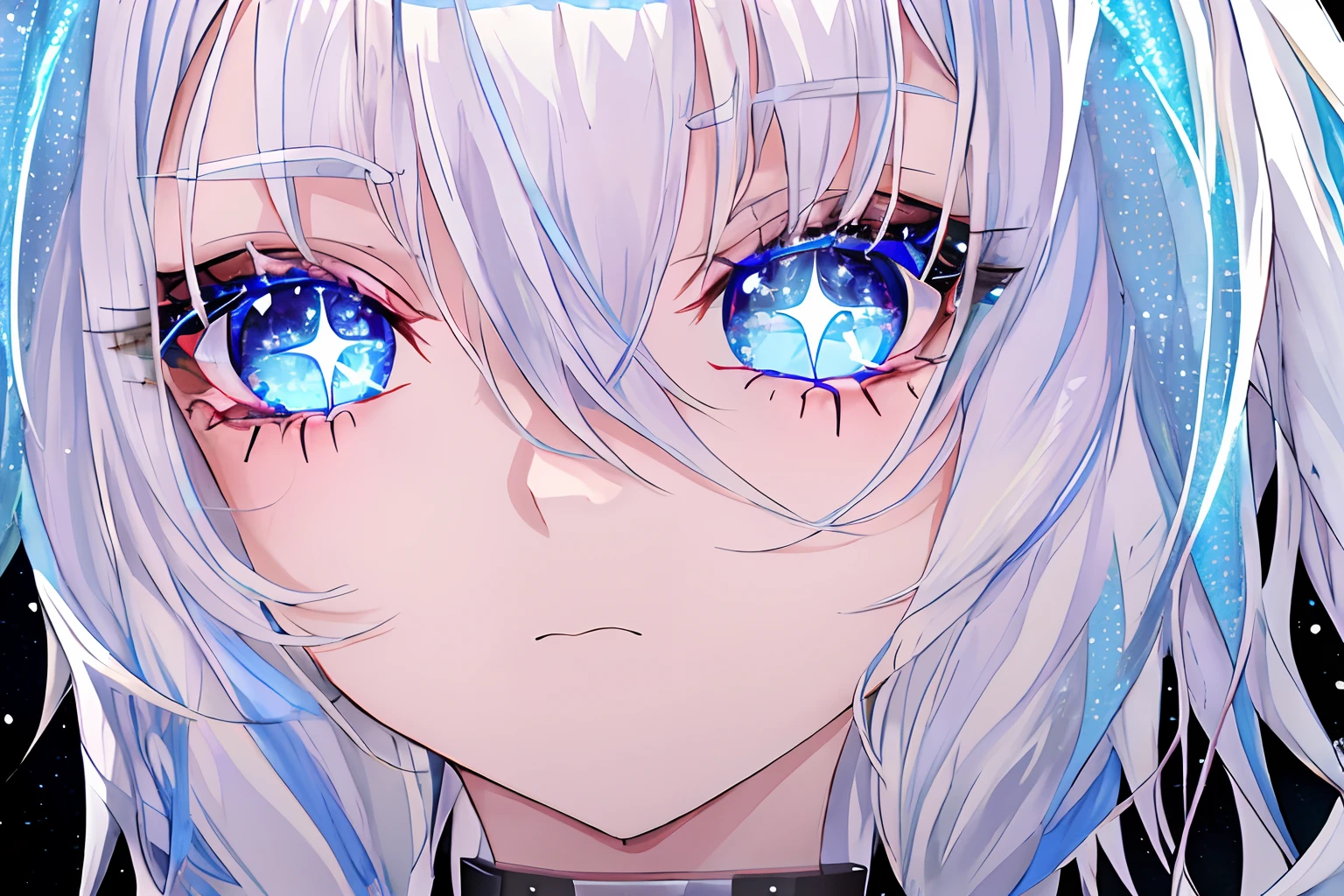 a girl with white hair that fades to pastel blue, has two glitters on her cheeks, blue eyes with two sparkles. the bangs fall down to the face and there is a braid on the left side