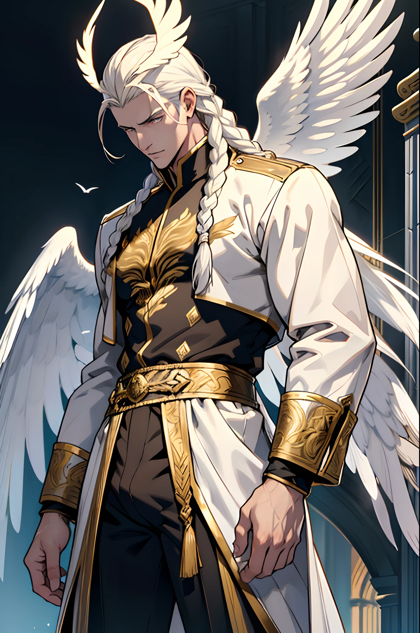 Caius is a handsome male, stands at 7ft tall. He has an athletic body structure. He wears royal attire thats silver and gold. He has beautiful long white silky hair and a golden eye color. He is seen with a staff. He has huge white wings. A big bulge in his pants. White Phoenix human form. His hair is braided back