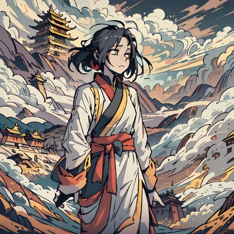 one-girl，Ghost state，Half floating in the air，Wandering around Tibet，Illustration composition，4K，Master masterpieces